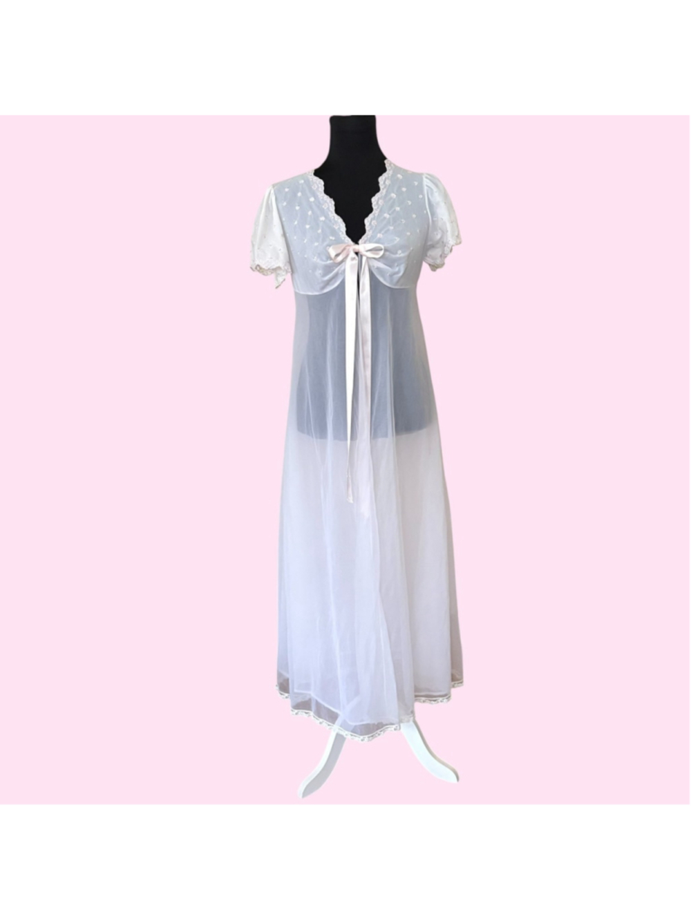Vintage 60s 70s Lenora Sheer White Peignoir Embroidered Rose Accent